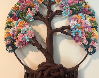 Large Tree of Life Macrame Wall Hanging with Flowers - Boho Wall Art, Gift for Mom
