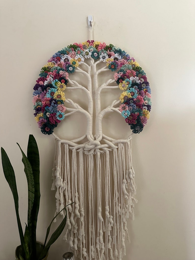 Large Tree of Life Macrame Wall Hanging with Flowers image 6