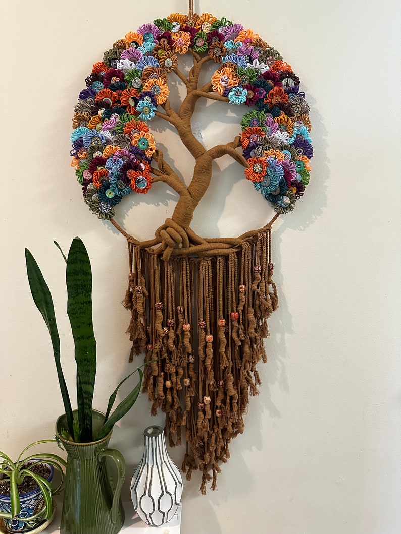 Large Tree of Life Macrame Wall Hanging with Flowers image 2
