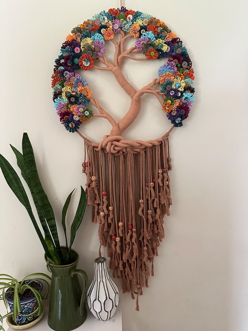 Large Tree of Life Macrame Wall Hanging with Flowers image 3