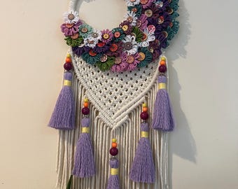 Purple Moon Macrame Flower Wall Hanging, Gift for Mom