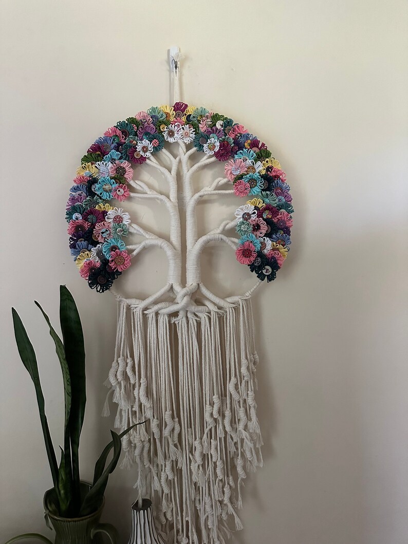 Large Tree of Life Macrame Wall Hanging with Flowers image 1