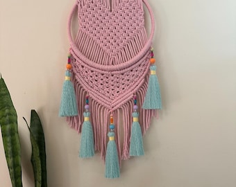 Pink Macrame Wall Hanging, Boho Woven Tassel Wall Decor, Gift for Mom