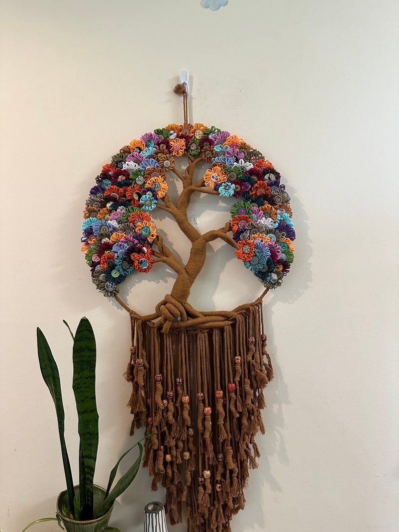Large Tree of Life Macrame Wall Hanging with Flowers image 3