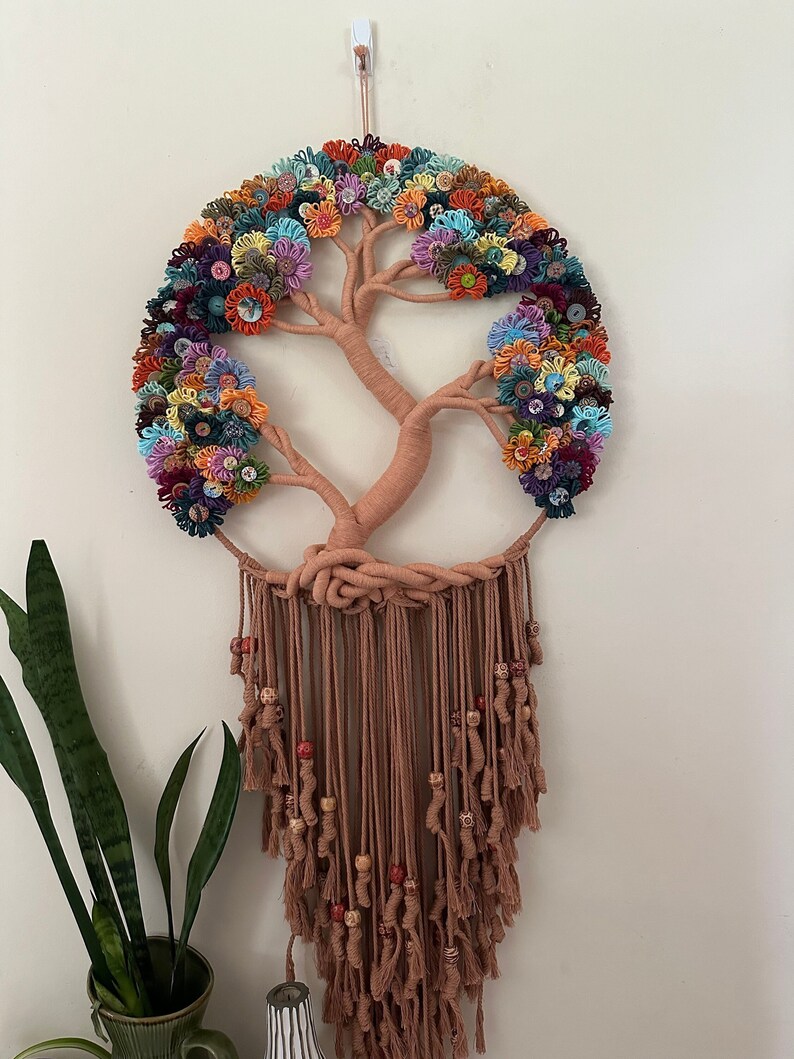 Large Tree of Life Macrame Wall Hanging with Flowers image 1