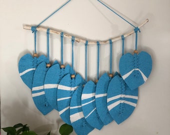 Macrame Leaves, Light Blue and White Stripes Macrame Feather Wall Hanging, Bohemian Cotton Fiber Woven Art