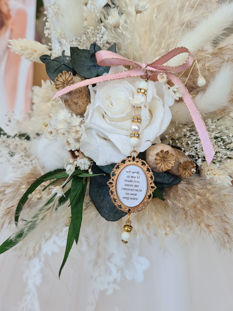 Personalisierter Memorial Brautstrauß Anhänger , individuelles Foto Medallion Blumenstrauß, Trockenblumen Hochzeit, Braut Accessoires Bild 1