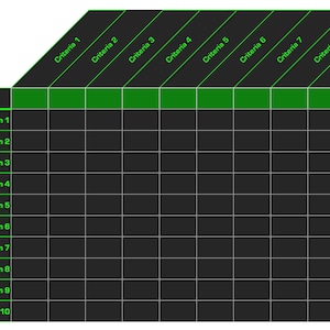 May include: A black and green grid with the text "Weight--" in the top left corner. The grid has 10 rows labeled "Option 1" through "Option 10" and 10 columns labeled "Criteria 1" through "Criteria 10".