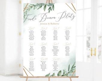 May include: A wedding seating chart with a green watercolor background and gold geometric accents. The chart is titled "Finde Deinen Platz" and lists the names of guests assigned to each table.