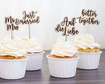Cupcake Topper Wedding Wood 6-Piece, Candy Bar Cake Topper, Muffin Topper
