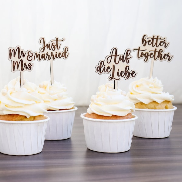 Cupcake Topper Wedding Wood 6pcs, Candybar Cake Topper, Muffin Topper