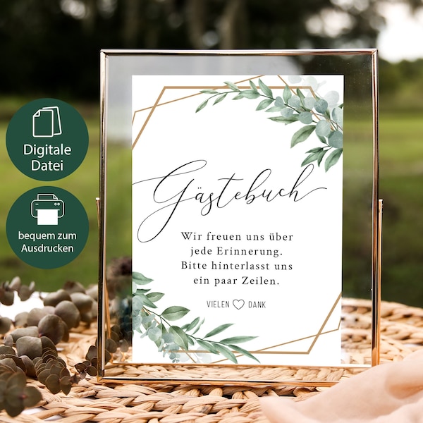 Guest book sign wedding, information sign guest book, signs eucalyptus, template for printing