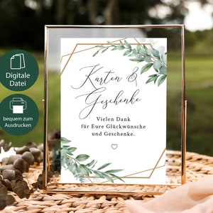 Geschenke Danke Schild Hochzeit, Geschenketisch Deko, Hochzeitsdeko Eukalyptus gold, Vorlage zum Ausdrucken
