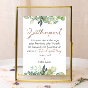 Zeitkapsel Schild Hochzeit, Hinweisschild Zeitreise Wünsche, Hochzeitsdeko Eukalyptus boho 13 x 18 cm