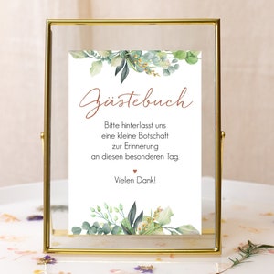 Gästebuch Schild Hochzeit, Hinweisschild Gästebuch Hochzeit, Hochzeitsdeko Eukalyptus 13 x 18 cm