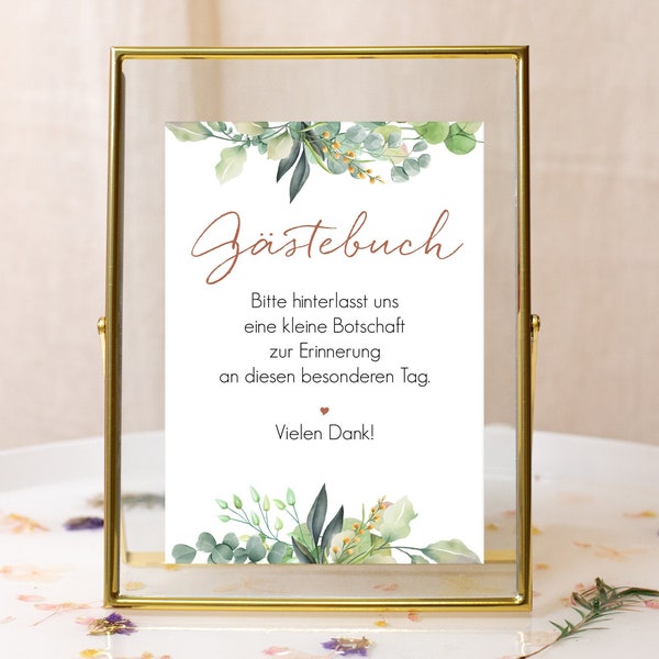 Gästebuch Schild Hochzeit, Hinweisschild Gästebuch, Hochzeitsdeko Eukalyptus boho 13 x 18 cm