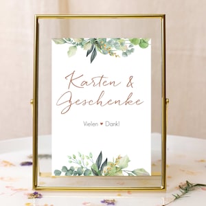 Geschenke Danke Schild Hochzeit, Geschenketisch Hochzeit, Hochzeitsdeko Eukalyptus gold