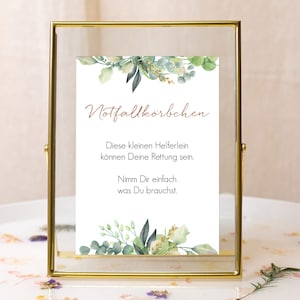 Notfallkörbchen Hochzeit Schild, Hochzeit Notfallkörbchen, Notfallbox Hochzeit, Hochzeitsdeko Eukalyptus, 13 x 18 cm, 21 x 30 cm