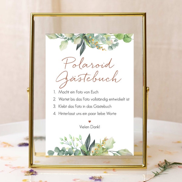 Gästebuch Polaroid Schild Hochzeit, Hinweisschild Gästebuch, Hochzeitsdeko Eukalyptus boho