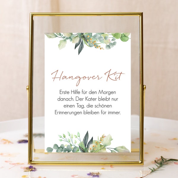 Hangover Kit Schild Hochzeit, Für den Kater danach, Hochzeitsdeko Eukalyptus boho 13 x 18 cm