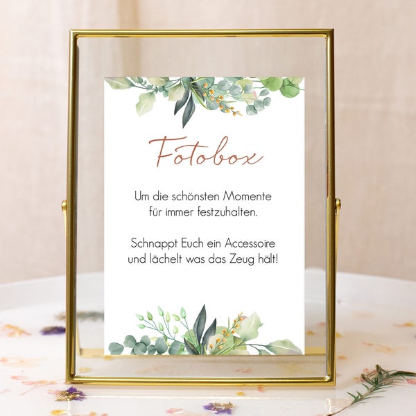 Fotobox Schild zur Hochzeit, Hinweisschild Fotobox, Hochzeitsdeko Greenery Eukalyptus Boho