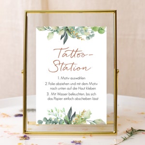 Tattoo-Station Schild Hochzeit, Party Tattoo, Hochzeitsdeko Eukalyptus gold, 13 x 18 cm