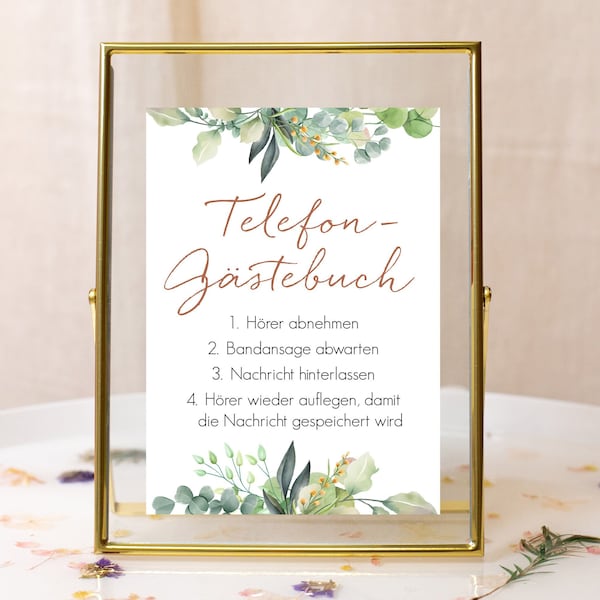 Telefon-Gästebuch Schild Hochzeit, Audio-Gästebuch Hinweisschild Gästebuch, Hochzeitsdeko Eukalyptus boho, 13 x 18 cm