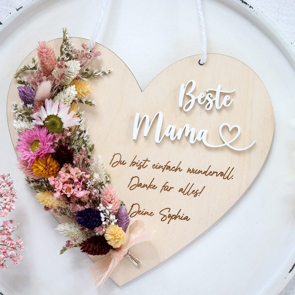 Muttertagsgeschenk personalisiert, Muttertag Geschenk Herz mit Trockenblumen, Beste Mama