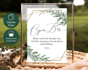 Matrimonio con cartello open bar, matrimonio di applausi, decorazione di nozze in oro eucalipto, modello per la stampa