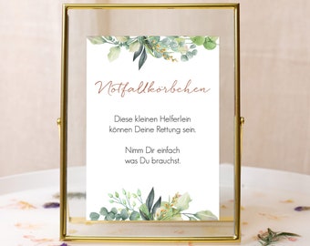 Notfallkörbchen Schild Hochzeit, Notfallbox Hinweisschild, Hochzeitsdeko Greenery Eukalyptus, boho 13 x 18 cm, 21 x 30 cm