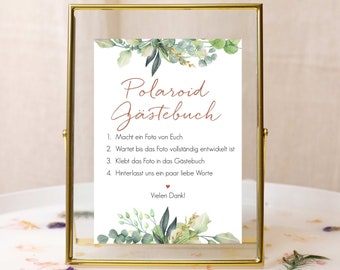 Gästebuch Polaroid Schild Hochzeit, Hinweisschild Gästebuch, Hochzeitsdeko Eukalyptus boho