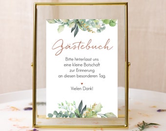 Gästebuch Schild Hochzeit, Hinweisschild Gästebuch, Hochzeitsdeko Eukalyptus boho 13 x 18 cm