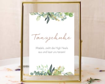 Tanzschuhe Schild Hochzeit, Tanzen Mädels, High Heels Hinweisschild Tanzschuhe, Hochzeitsdeko Eukalyptus 13 x 18 cm