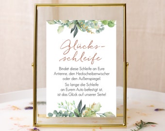 Glücksschleife Autoschleife Schild Hochzeit, Glücksschleife Karte, Hochzeitsdeko Eukalyptus boho, 13 x 18 cm