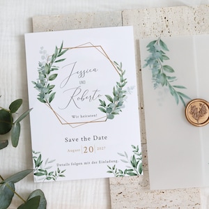 Save the Date Karte Hochzeit Eukalyptus, Save the Date Eukalyptus, Hochzeitseinladung Transparentpapier, Einladung Hochzeit Greenery