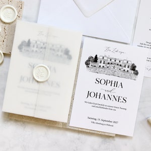 Hochzeitseinladung schlicht mit Location-Zeichnung, Einladungskarte Hochzeit Transparentpapier, Wachssiegel, Veranstaltungsort Illustration
