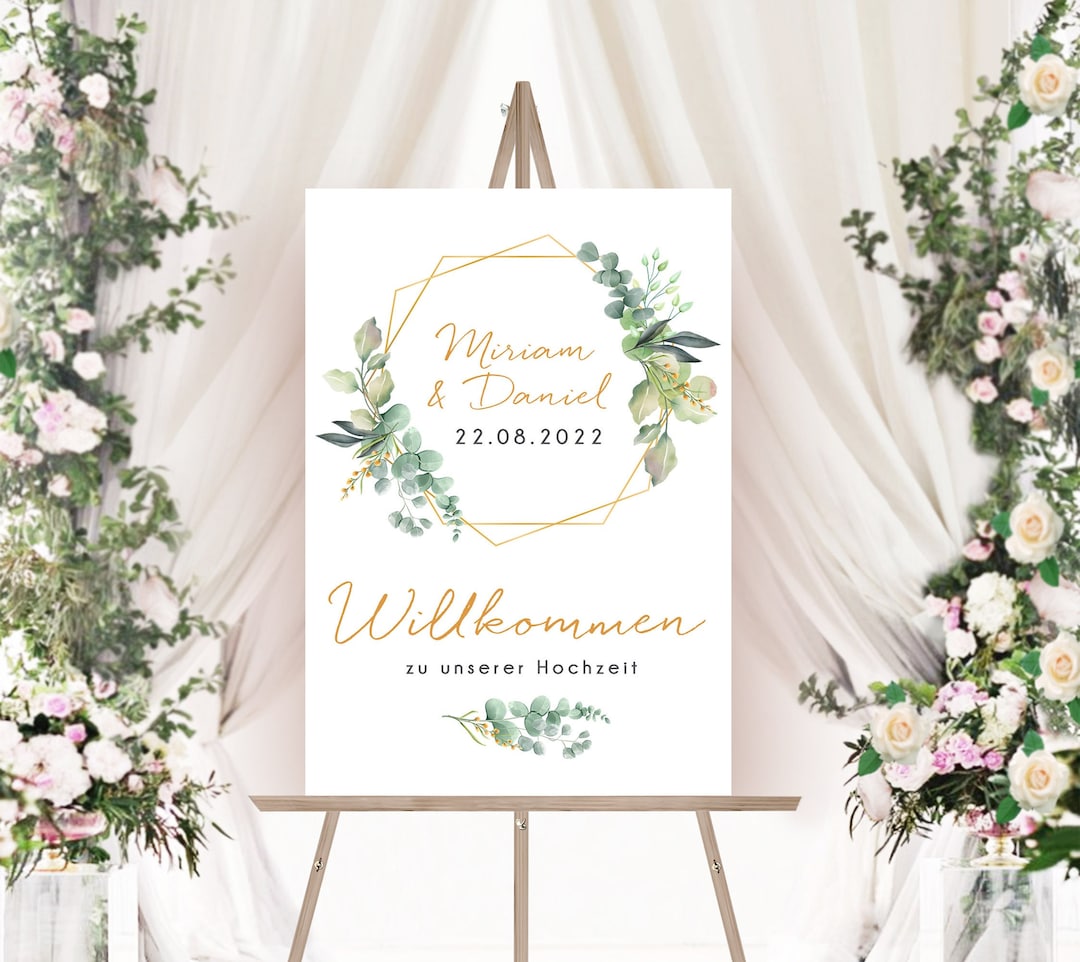 Welcome Sign Wedding Personalized Eucalyptus Gold, Wedding Welcome