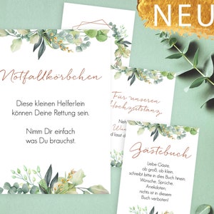 Notfallkörbchen Hochzeit, Gästebuch Schild, Hinweisschilder Hochzeit Set, Hochzeitsdeko Eukalyptus, 13 x 18 cm, 21 x 30 cm