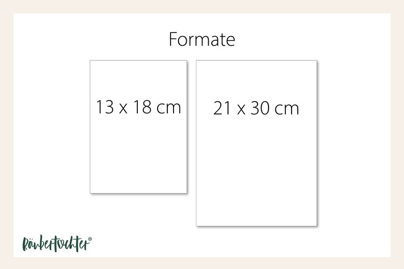 Peut inclure: Deux rectangles blancs avec du texte noir indiquant les diff&eacute;rentes tailles d'impressions disponibles. Le texte indique "Formate" en haut et "13 x 18 cm" et "21 x 30 cm" dans les deux rectangles.