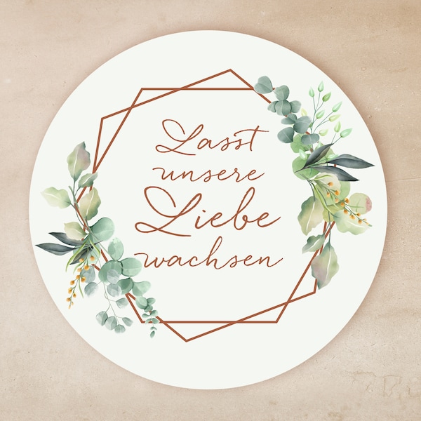 Aufkleber Lasst unsere Liebe wachsen Reagenzglas, Blumensamen Gastgeschenk zur Hochzeit, Hochzeitsdeko Eukalyptus boho