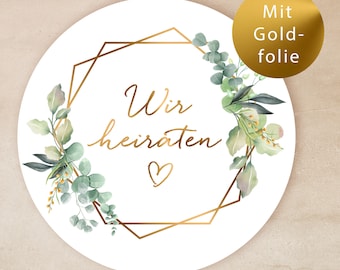 Wedding sticker gold We are getting married, wedding invitation eucalyptus, wedding decoration gold