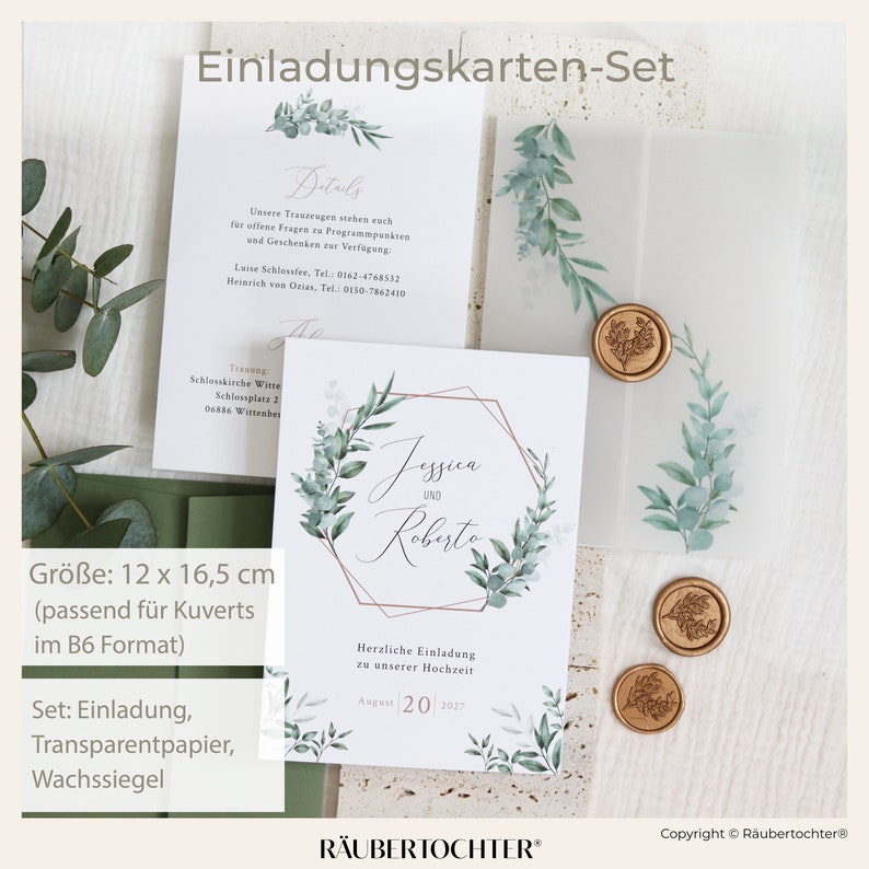 Wedding invitation eucalyptus gold tracing paper, wedding invitation eucalyptus, wax seal, greenery image 3