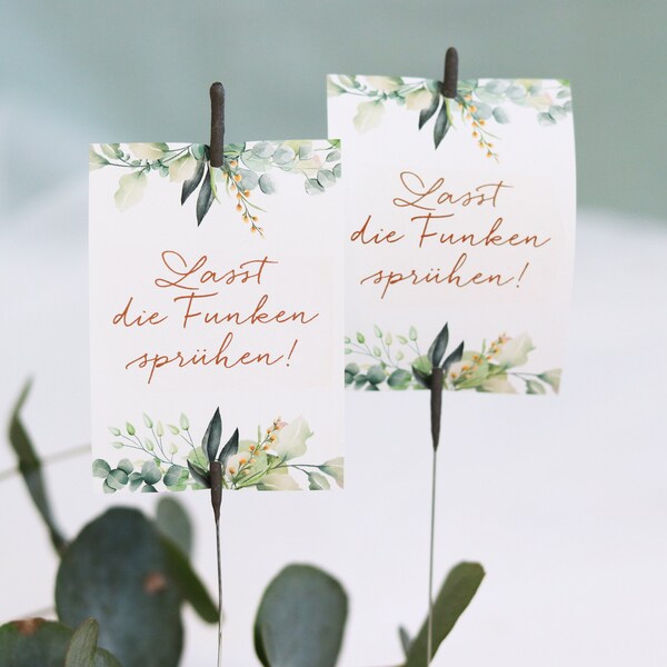 Wunderkerzen Hochzeit Schilder, Lasst die Funken sprühen, Greenery Eukalyptus, Hochzeitsdeko boho