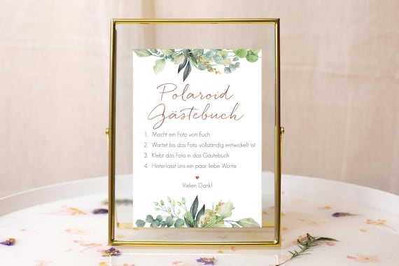 Gästebuch Polaroid Schild Hochzeit, Hinweisschild Gästebuch, Hochzeitsdeko Eukalyptus boho