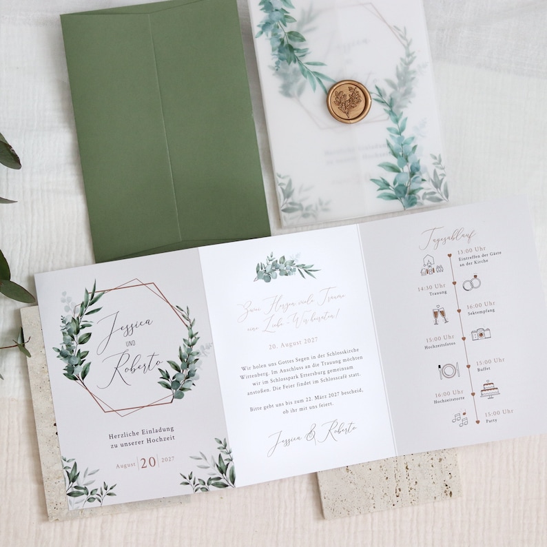 Wedding invitation eucalyptus gold tracing paper, wedding invitation eucalyptus, wax seal, greenery image 1