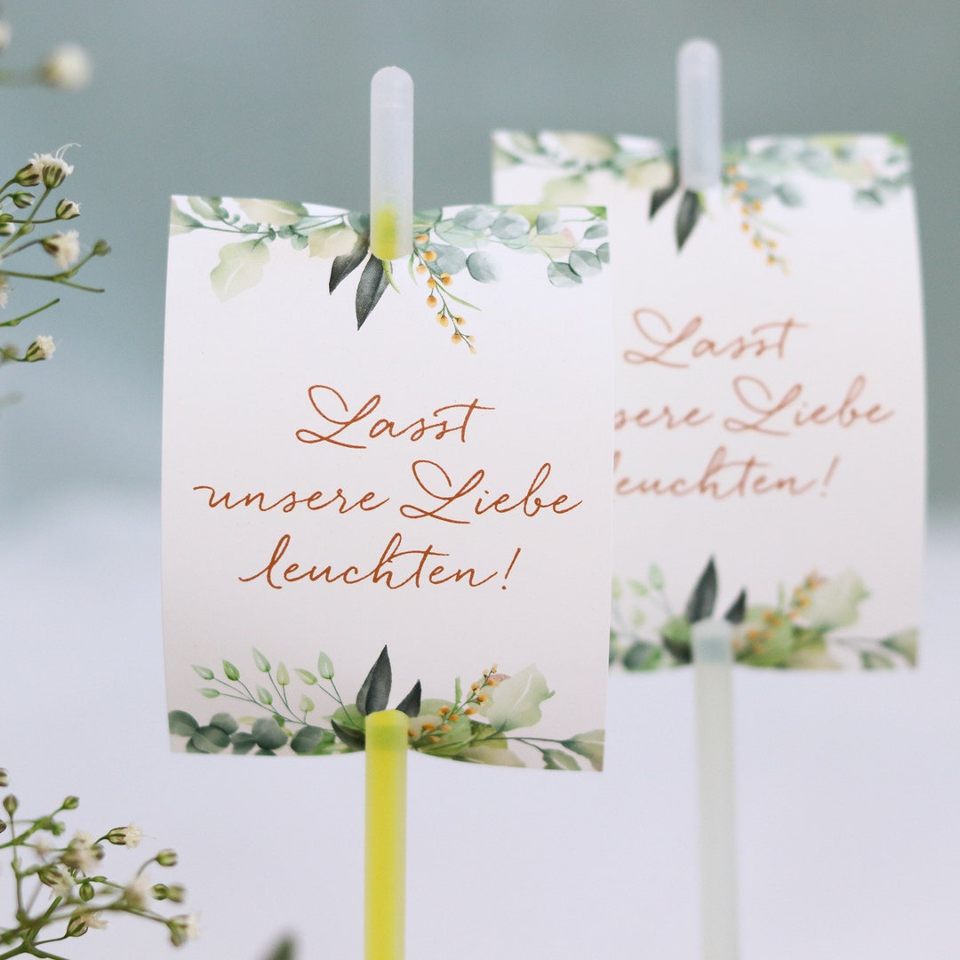 Knicklichter Schilder Hochzeit, Lasst unsere Liebe leuchten, Greenery