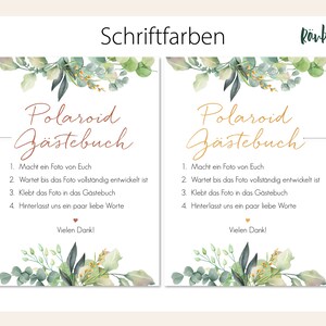 Peut inclure: Deux panneaux avec une bordure florale et le texte "Polaroid G&auml;stebuch" en &eacute;criture manuscrite. Les panneaux donnent des instructions aux invit&eacute;s pour prendre une photo Polaroid, attendre qu'elle se d&eacute;veloppe, puis la coller dans le livre d'or. Le texte du panneau de gauche est en brun cuivr&eacute; et le texte du panneau de droite est en or.