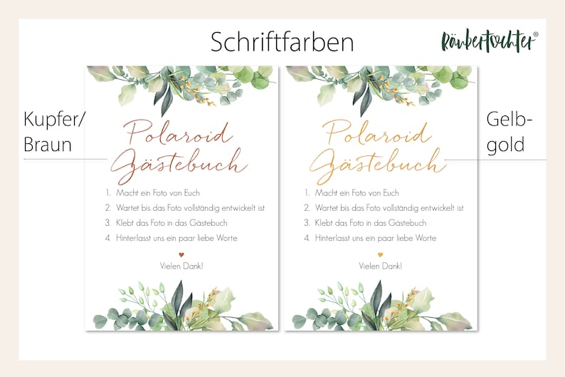 Peut inclure: Deux panneaux avec une bordure florale et le texte "Polaroid G&auml;stebuch" en &eacute;criture manuscrite. Les panneaux donnent des instructions aux invit&eacute;s pour prendre une photo Polaroid, attendre qu'elle se d&eacute;veloppe, puis la coller dans le livre d'or. Le texte du panneau de gauche est en brun cuivr&eacute; et le texte du panneau de droite est en or.