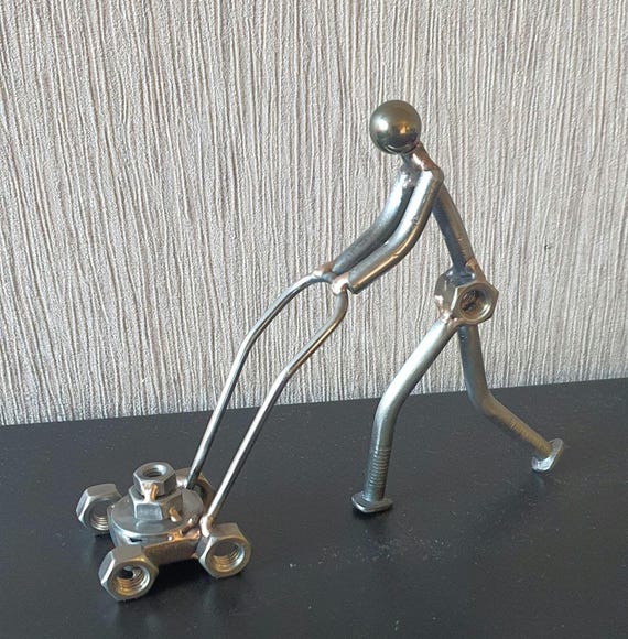 Scrap Metal Parts Gardener, Recycled Metal Sculpture, Nut and Bolt Welded Gardener ,Lawnmower, Upcycled Metal Figurine