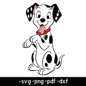 以下が含まれることがあります： 白い背景に黒い斑点のある、漫画のダルメシアン犬。犬は舌を出して座っており、赤い首輪をしています。